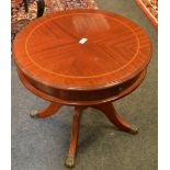 An Anglo Indian copper tray topped folding table, tuned supports; a small mahogany drum table,