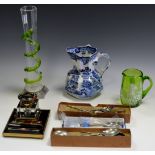 A Mary Gregory green glass beaker; white friars type spill vase,