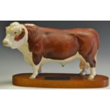 A Polled Hereford Bull Connoisseur model by Beswick mounted on plinth