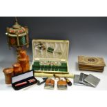 Boxes & objects - Treen medical bottles; hip flasks, cigarette cases; a Moroccan table lamp; etc.