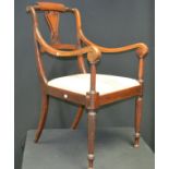 A 19th century mahogany open armchair, shaped and pierced splat, outswept arms, padded seat,