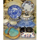 A Staffordshire Kato pattern flo blue tureen and cover; a Gaudy Welsh tooth brush box;