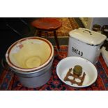 Kitchenalia - a bread enamelled bin; enamelled bowl; TG green bowl; milkiing stool; copper ponch;