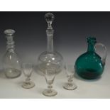 Glassware -three 18th century cordial glasses; a wheel cut decanter; another Edwardian Greek Key;