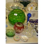 Glassware - a Perthshire paperweight; a ruby glass vase; a clear glass pedestal comport;