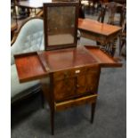 A 19th century mahogany and satinwood campaign washstand; adjustable mirror, single blind drawer, ,