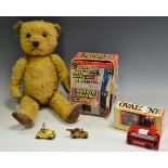 A mid 20th century jointed mohair teddy bear; a Bandit savings bank; a Noddy and His Car; etc.