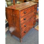 A 19th century stained pine split chest of four long cock beaded drawers, bobbin turned legs,