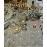 Glassware - a set six pedestal sundae dishes, others; cut glass bowls, EPNS pedestal strawberry set,