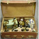 A Morphy Richards iron; Staffordshire figures; mantel clock; suitcase;