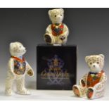 A Royal Crown Derby paperweight, Blue Bow Tie teddy, printed mark, god stopper, boxed; others,