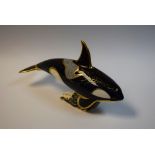 A Royal Crown Derby paperweight, Fair Isle Orca, gold stopper, 23cm long, printed marks,