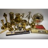 Metalware - a plated three branch candelabrum; a quantity of flatware;