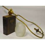 An early 20th century brass gas ceiling light, associated frosted shade; Moore, T.
