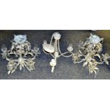 Lighting - a pair of contemporary metal frame five branch chandeliers; another,