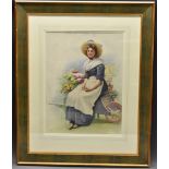 H Travers (early 20th century) The Flower Girl, seated by her barrow signed, watercolour,