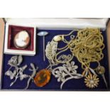 Costume Jewellery - a silver mounted cameo brooch; marcasite brooch; others; chains;