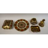 A Royal Crown Derby 1128 gold band pin dish; an 1128 box; Burtondale; etc.