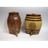 A Derbyshire brown salt glazed stoneware spirit barrel, applied in relief with Royal Crest,