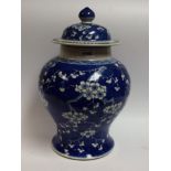 A Chinese ginger jar, decorated with blossoming prunus on a blue cracked ice ground, domed cover,