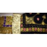 Textiles - a felt wool throw, metallic thread embroidered, fringe edge; a cream silk panel,