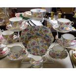 An Aynsley Chintz pattern tea set for six, milk and sugar,