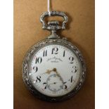 A Doxa oversized pocket watch, the case back cast with a steaming locomotive,