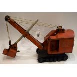 Triang - a 300 series pressed steel Excavator, pressed tin body, black base and rubber tracks,