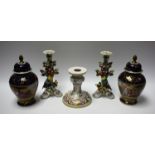 Ceramics - a pair of Dresden style candlesticks with hand painted fanciful birds perched at the