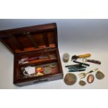 Boxes and Objects - pens including Parker, Bully Beef tin opener, fossils,