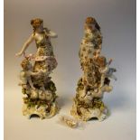 A pair Sitzendorf porcelain figures each modelled as a classical maiden and putto, c.