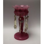 A Victorian pink opaque glass lustre, with prismatic droplets, 28cm high, c.