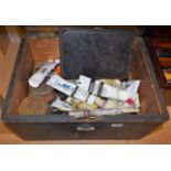 Artists Equipment - acrylic paint, watercolours, brushes, pigment in Wills tobacco tins, etc.