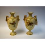 A pair of Royal Worcester two-handled pedestal ovoid vases,