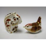 A Royal Crown Derby paperweight, squirrel, second quality, silver stopper; another, Wren,