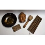 Boxes and Objects - an inlaid cigarette case; a wooden pestle; a Papier-mâché Chinese bowl,