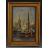 Continental School Dutch Barges at Dock indistinctly signed, oil on canvas,