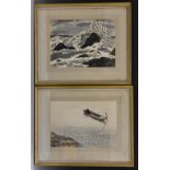 Japanese School, a pair, Lone Fisherman and Crashing Waves, aquatint prints,