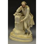 A Victorian Robinson & Leadbeater bisque porcelain figure of Shakespeare, picked out in gilt c.