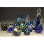 Blue glass - a near pair of Murano type horse paperweights; a Medina blown glass vase,