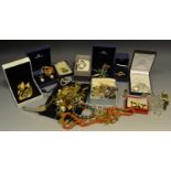 Costume jewellery - various Swarovski brooches in the form of animals; coral necklace; earrings,