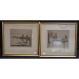 A pair of coloured etchings, Landing Fish and Harbour Craft,