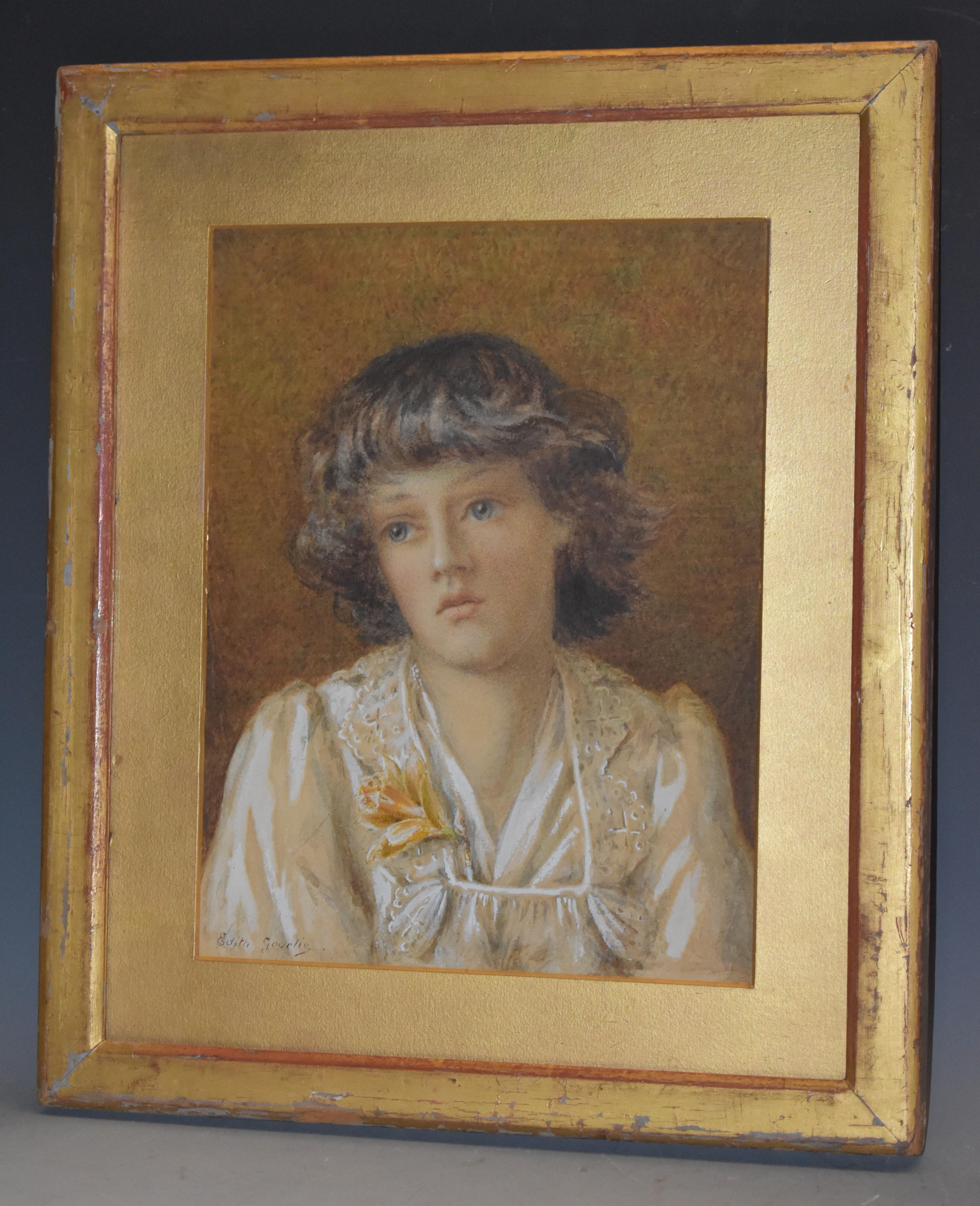 Edith Gourlie 'Daffodil', portrait of a young girl signed, label to verso, watercolour, 25.5cm x 19.