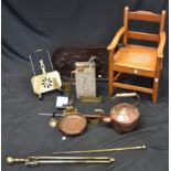 Metalware - a Victorian copper kettle; brass fire irons; trivet; oil can,