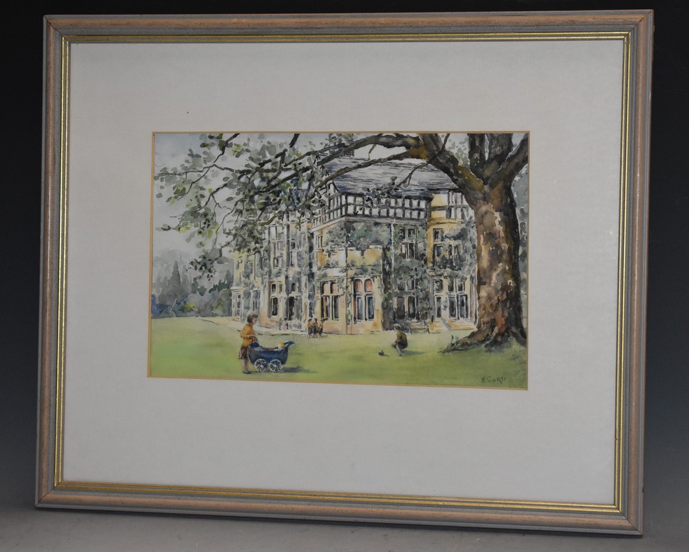 Helen Corti Children Playing, Haseley Hall signed, watercolour, 19.5cm x 29.