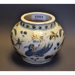 An ovoid stoneware vase, decorated with stylised birds and flowers, gilt detail, 13.