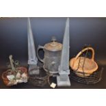 A large pewter type lidded flagon; a pair of ceramic obelisks; a leaded glass plant holder;