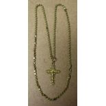 Jewellery - a yellow metal cross pendant necklace, fancy link heart chain, stamped 585, 11.