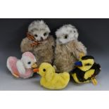 Steiff Stuffed Toys - a pair of grey and Spotted Baby Owls, yellow tags, No 2591/22; others Ducks,
