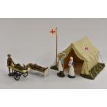 A W Britain WWI Casualty set comprising tent, surgeon, nurse, wounded soldier & stretcher bearer,